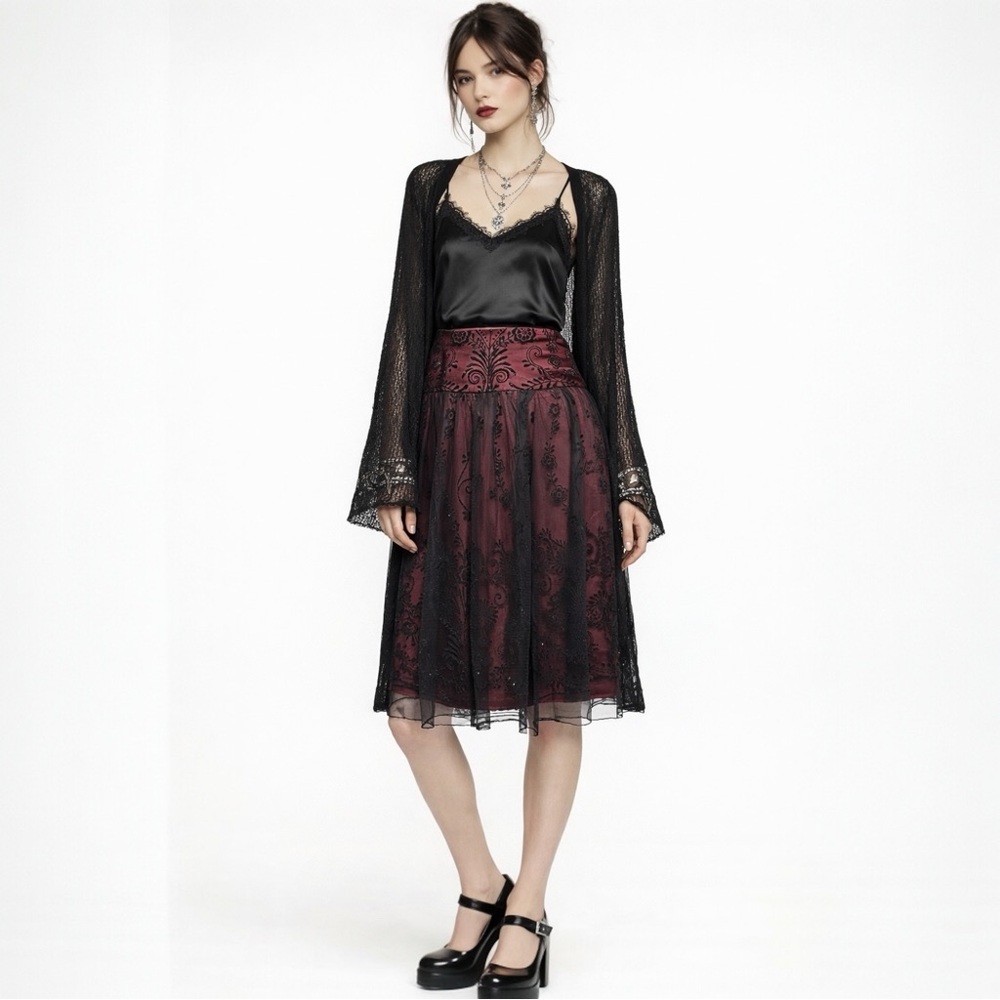 Vintage Whimsigoth Black Red Sheer Mesh Embroidered Fairy Skirt by MSK 12
